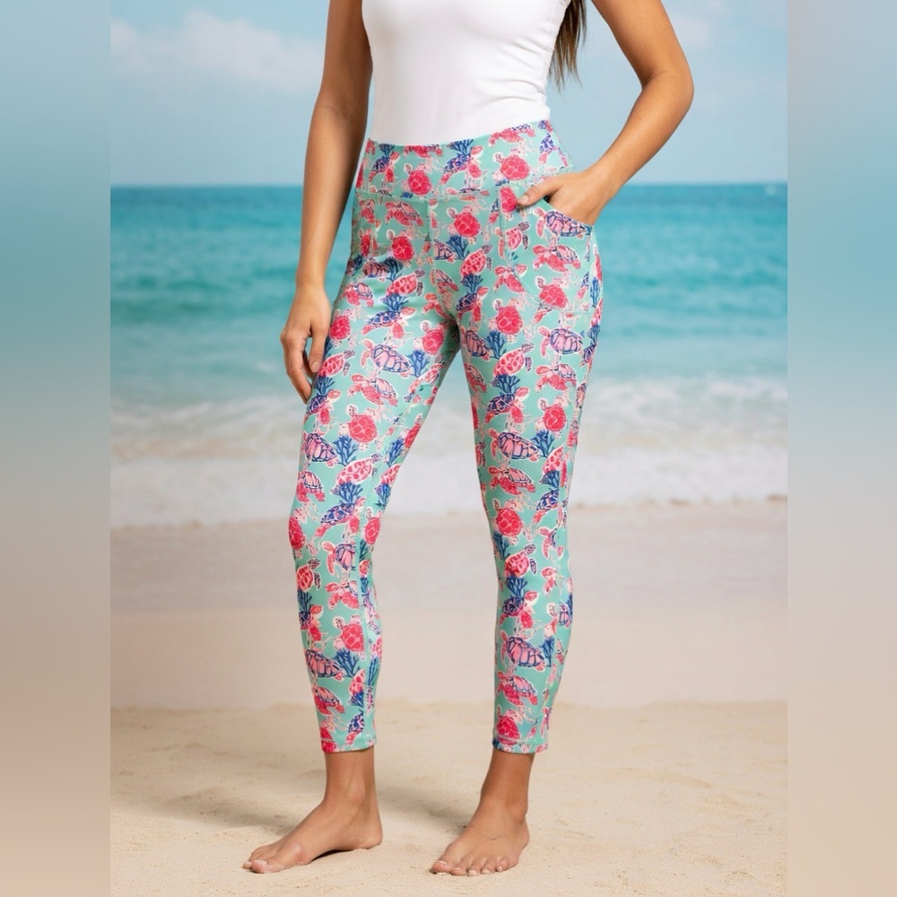 Simply Southern Sea Turtle Coral Leggings Women’s M • Like New Ocean Print